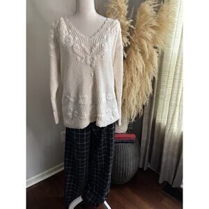 Vintage Work in Progress Ivory Ramie Cotton Floral Knit Grandma Core Sweater-M